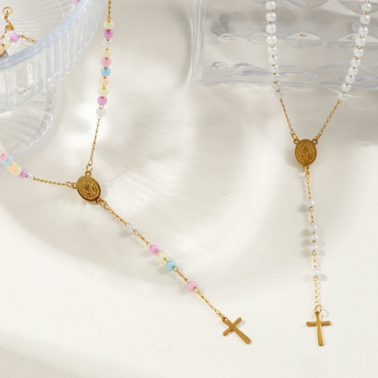 Picture of Wholesale Cross St. Benedict Medal Prayer Beads Rosary Necklace, Gold Plated 304 Stainless Steel Beaded Chain, Women's Vacuum Plating Religious Retro Gift Jewelry For Retailer, 55cm(21.7") long, 1 Piece