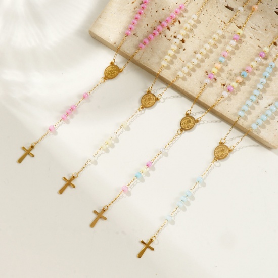 Picture of Wholesale Cross St. Benedict Medal Prayer Beads Rosary Necklace, Gold Plated 304 Stainless Steel Beaded Chain, Women's Vacuum Plating Religious Retro Gift Jewelry For Retailer, 55cm(21.7") long, 1 Piece