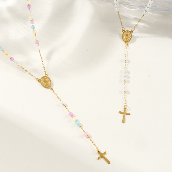 Picture of Wholesale Cross St. Benedict Medal Prayer Beads Rosary Necklace, Gold Plated 304 Stainless Steel Beaded Chain, Women's Vacuum Plating Religious Retro Gift Jewelry For Retailer, 55cm(21.7") long, 1 Piece