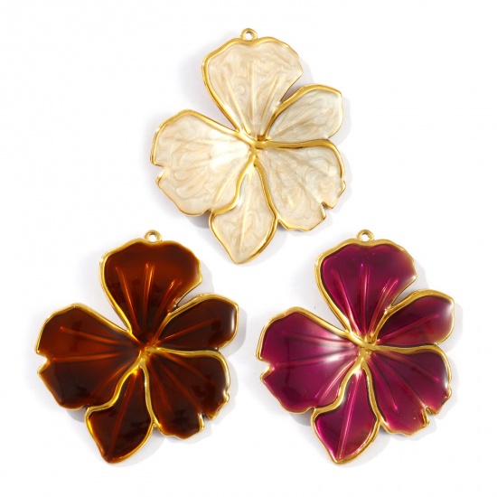 Picture of Eco-friendly PVD Vacuum Plating Waterproof Anti-Tarnish Hypoallergenic 304 Stainless Steel Flora Collection Pendants 18K Real Gold Plated Enamel Flower 5.6cm x 4.6cm