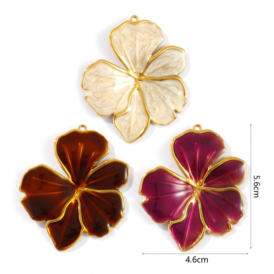 Picture of Eco-friendly PVD Vacuum Plating Waterproof Anti-Tarnish Hypoallergenic 304 Stainless Steel Flora Collection Pendants 18K Real Gold Plated Enamel Flower 5.6cm x 4.6cm