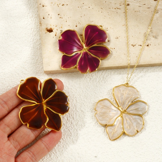 Picture of Eco-friendly PVD Vacuum Plating Waterproof Anti-Tarnish Hypoallergenic 304 Stainless Steel Flora Collection Pendants 18K Real Gold Plated Enamel Flower 5.6cm x 4.6cm