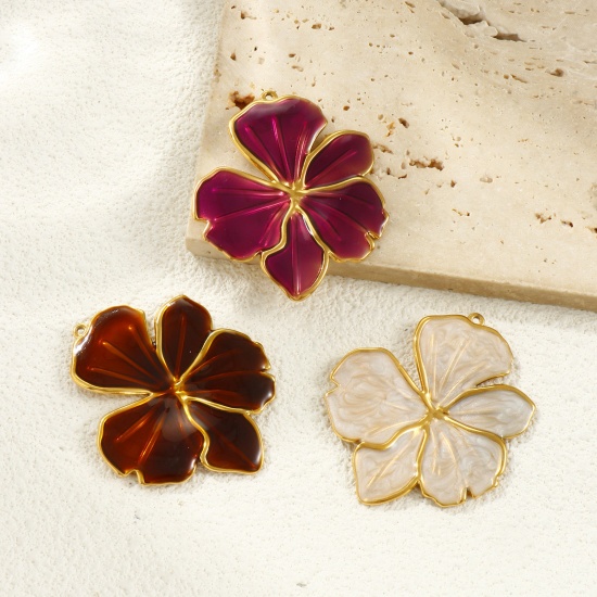 Picture of Eco-friendly PVD Vacuum Plating Waterproof Anti-Tarnish Hypoallergenic 304 Stainless Steel Flora Collection Pendants 18K Real Gold Plated Enamel Flower 5.6cm x 4.6cm