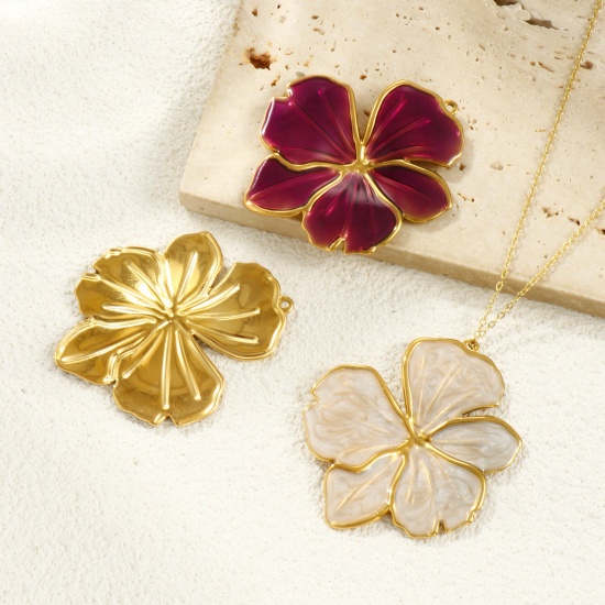 Picture of Eco-friendly PVD Vacuum Plating Waterproof Anti-Tarnish Hypoallergenic 304 Stainless Steel Flora Collection Pendants 18K Real Gold Plated Enamel Flower 5.6cm x 4.6cm