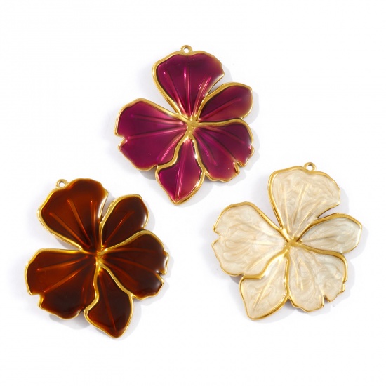 Picture of Eco-friendly PVD Vacuum Plating Waterproof Anti-Tarnish Hypoallergenic 304 Stainless Steel Flora Collection Pendants 18K Real Gold Plated Enamel Flower 5.6cm x 4.6cm