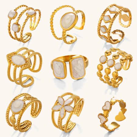 Picture of Wholesale Women's Gift White Enamel Open Rings, 18K Gold Plated 304 Stainless Steel, Eco-friendly Vacuum Plating Exquisite Stylish Jewelry Supply, 17mm(US Size 6.5)