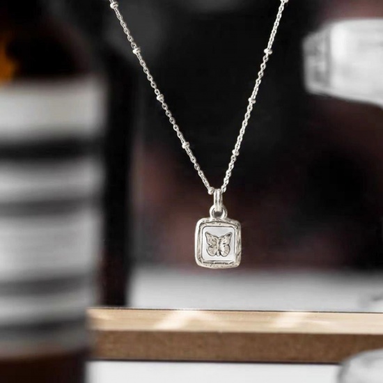 Изображение Multicolor Square Pendant Charm Necklace, 304 Stainless Steel 40cm(15.7") + 5cm(2"), For Women, Butterfly Exquisite Stylish Gift, Eco-friendly, 1 Piece