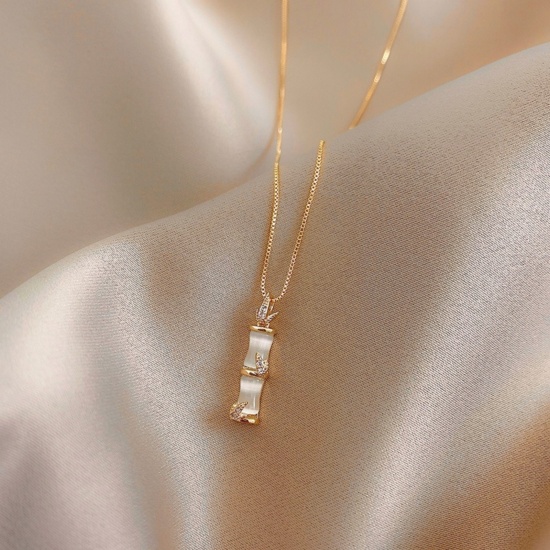 Picture of Wholesale Bamboo-shaped Pendant Charm Necklace, Gold Plated 304 Stainless Steel Women's Eco-friendly Flora Collection Stylish Gift Jewelry For Retailer, 40cm(15.7") + 5cm(2") long, 1 Piece