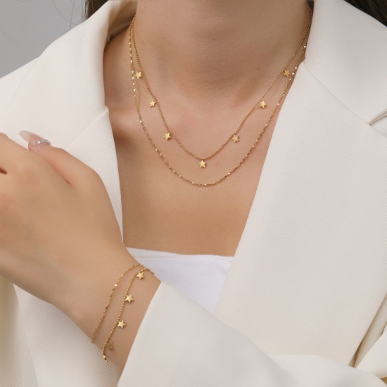 Изображение 18K Gold Plated Pentagram Star Pendant Charm Necklace, 304 Stainless Steel For Women, Stylish Exquisite Gift, Vacuum Plating, 1 Piece