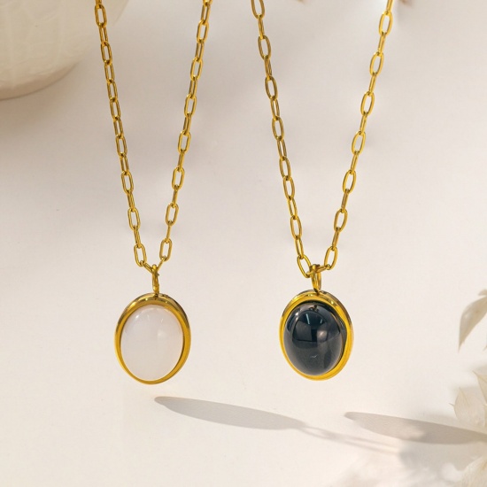 Bild von 18K Gold Plated Oval Pendant Charm Necklace, 304 Stainless Steel For Women, White With Synthetic Gemstone Cabochons, Exquisite Stylish Gift, Vacuum Plating, 1 Piece