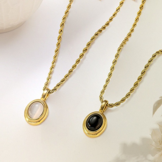 Bild von 18K Gold Plated Oval Pendant Charm Necklace, 304 Stainless Steel For Women, White With Synthetic Gemstone Cabochons, Exquisite Stylish Gift, Vacuum Plating, 1 Piece