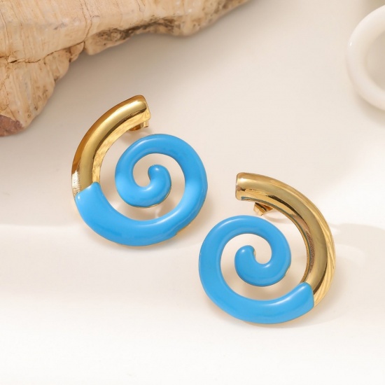 Bild von 1 Pair Eco-friendly Stylish Exquisite 18K Gold Plated 304 Stainless Steel Spiral Enamel Ear Post Stud Earrings For Women Gift