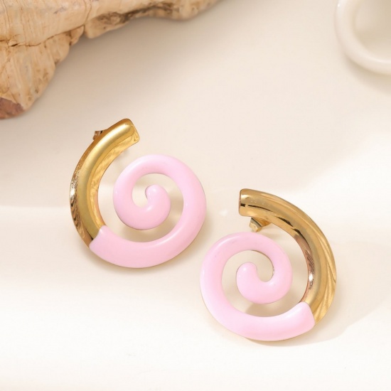 Bild von 1 Pair Eco-friendly Stylish Exquisite 18K Gold Plated 304 Stainless Steel Spiral Enamel Ear Post Stud Earrings For Women Gift