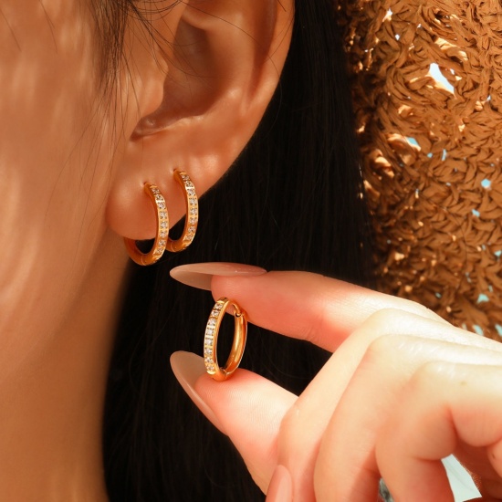 Изображение 1 Pair Vacuum Plating Stylish Exquisite 304 Stainless Steel & Rhinestone Hoop Earrings For Women Gift