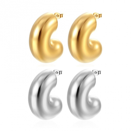 Bild von 1 Pair Stylish Exquisite 304 Stainless Steel C Shaped Ear Post Stud Earrings For Women Gift 35mm x 29mm