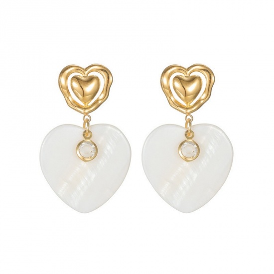 Picture of Wholesale Stylish Dainty Earrings, White 18K Gold Plated 304 Stainless Steel & Natural Shell, Women's Vacuum Plating Gift Jewelry Supply