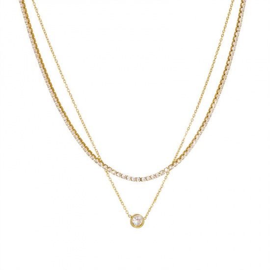 Picture of Wholesale Heart Multilayer Pendant Charm Necklace, 18K Gold Plated 304 Stainless Steel & Rhinestone Women's Vacuum Plating Valentine's Day Stylish Gift Jewelry For Retailer, 1 Piece