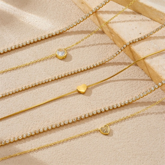 Picture of Wholesale Heart Multilayer Pendant Charm Necklace, 18K Gold Plated 304 Stainless Steel & Rhinestone Women's Vacuum Plating Valentine's Day Stylish Gift Jewelry For Retailer, 1 Piece