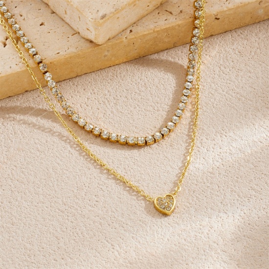 Picture of Wholesale Heart Multilayer Pendant Charm Necklace, 18K Gold Plated 304 Stainless Steel & Rhinestone Women's Vacuum Plating Valentine's Day Stylish Gift Jewelry For Retailer, 1 Piece