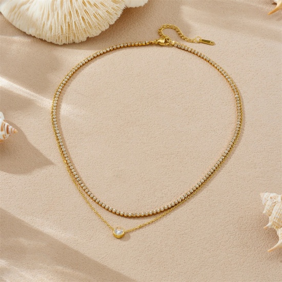 Picture of Wholesale Heart Multilayer Pendant Charm Necklace, 18K Gold Plated 304 Stainless Steel & Rhinestone Women's Vacuum Plating Valentine's Day Stylish Gift Jewelry For Retailer, 1 Piece