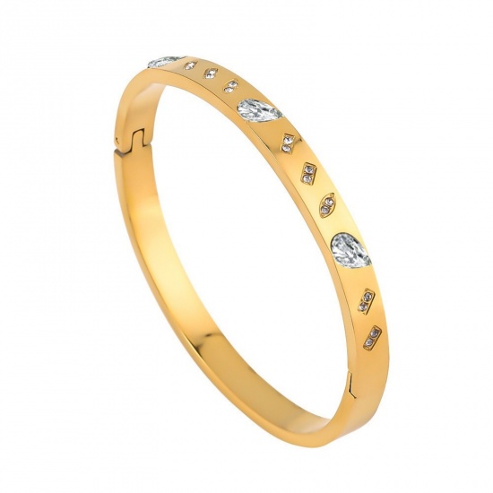 Picture of Wholesale 304 Stainless Steel Bangles Bracelets, 18K Gold Plated Vacuum Plating, Women's Stylish Retro Gift Jewelry Supply, 8cm Dia.