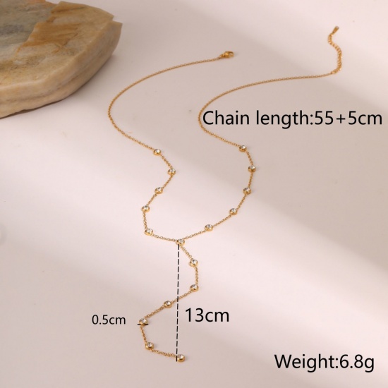 Picture of Wholesale Tassel Station Necklace, 18K Gold Plated 304 Stainless Steel & Cubic Zirconia Women's Vacuum Plating Exquisite Stylish Gift Jewelry For Retailer, 55cm(21.7") + 5cm(2") long