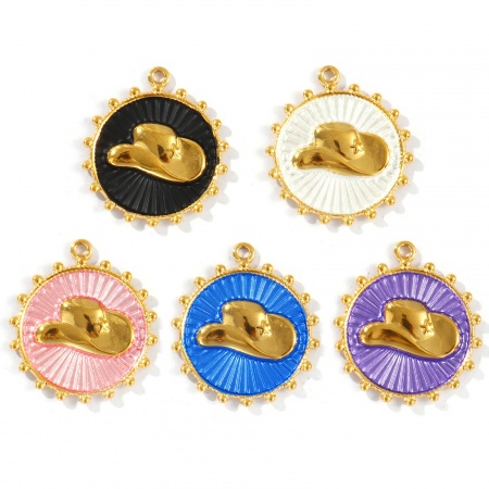 Immagine di 2 Pz Placcatura Sottovuoto PVD Ecologica Impermeabile Anti-Ossidante Ipoallergenico 304 Acciaio Inossidabile Cowboy dell'Ovest Ciondoli 18K Vero Oro Placcato Tondo Disco Cappello Pittura 29mm x 26mm