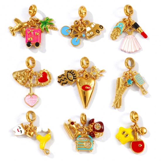 Picture of Eco-friendly PVD Vacuum Plating Waterproof Anti-Tarnish Hypoallergenic 304 Stainless Steel Dangle Charm Beads For Bracelet Necklace Jewelry Making 18K Real Gold Plated Enamel