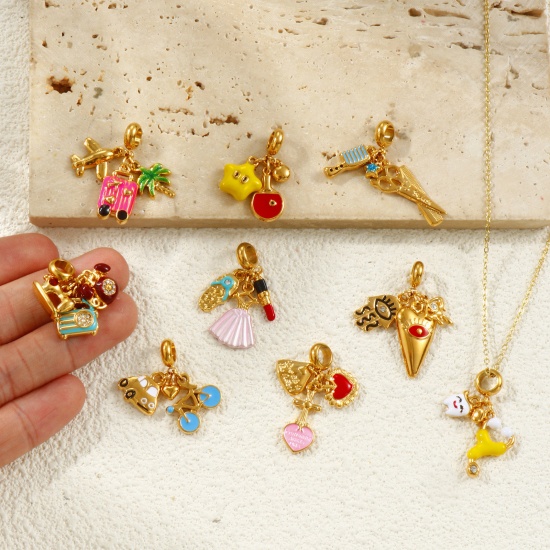 Picture of Eco-friendly PVD Vacuum Plating Waterproof Anti-Tarnish Hypoallergenic 304 Stainless Steel Dangle Charm Beads For Bracelet Necklace Jewelry Making 18K Real Gold Plated Enamel