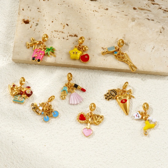 Picture of Eco-friendly PVD Vacuum Plating Waterproof Anti-Tarnish Hypoallergenic 304 Stainless Steel Dangle Charm Beads For Bracelet Necklace Jewelry Making 18K Real Gold Plated Enamel