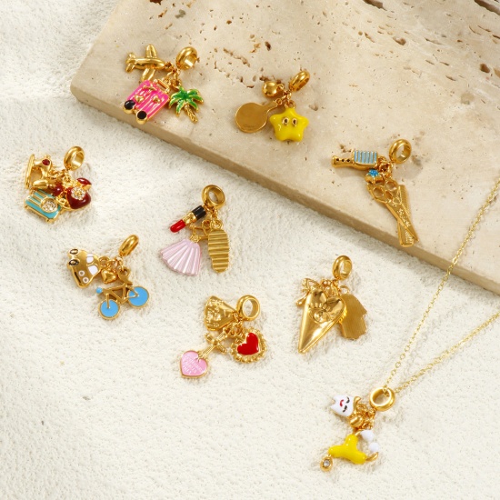 Picture of Eco-friendly PVD Vacuum Plating Waterproof Anti-Tarnish Hypoallergenic 304 Stainless Steel Dangle Charm Beads For Bracelet Necklace Jewelry Making 18K Real Gold Plated Enamel