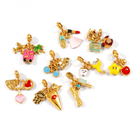 Picture of Eco-friendly PVD Vacuum Plating Waterproof Anti-Tarnish Hypoallergenic 304 Stainless Steel Dangle Charm Beads For Bracelet Necklace Jewelry Making 18K Real Gold Plated Enamel