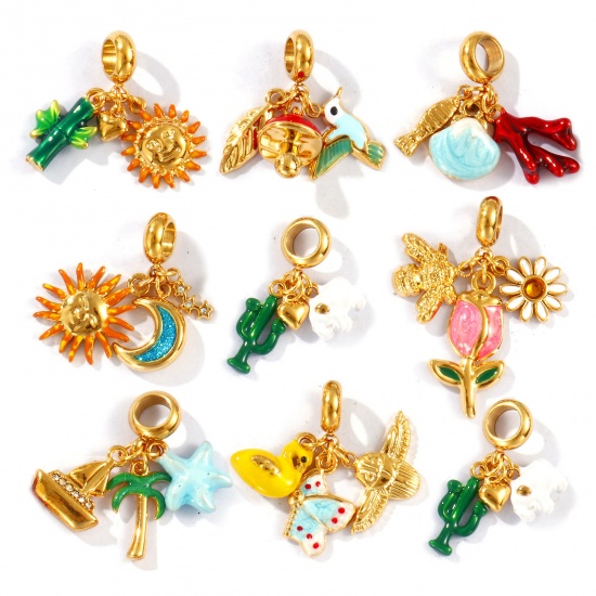Picture of Eco-friendly PVD Vacuum Plating Waterproof Anti-Tarnish Hypoallergenic 304 Stainless Steel Dangle Charm Beads For Bracelet Necklace Jewelry Making 18K Real Gold Plated Enamel