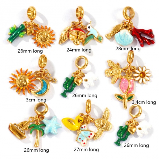 Picture of Eco-friendly PVD Vacuum Plating Waterproof Anti-Tarnish Hypoallergenic 304 Stainless Steel Dangle Charm Beads For Bracelet Necklace Jewelry Making 18K Real Gold Plated Enamel