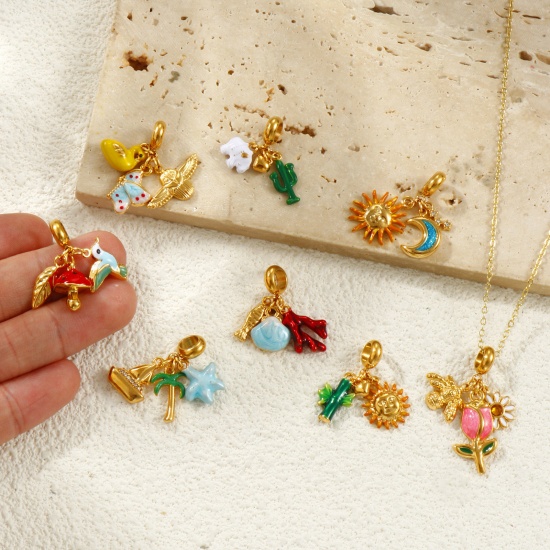 Picture of Eco-friendly PVD Vacuum Plating Waterproof Anti-Tarnish Hypoallergenic 304 Stainless Steel Dangle Charm Beads For Bracelet Necklace Jewelry Making 18K Real Gold Plated Enamel