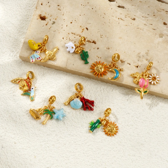 Picture of Eco-friendly PVD Vacuum Plating Waterproof Anti-Tarnish Hypoallergenic 304 Stainless Steel Dangle Charm Beads For Bracelet Necklace Jewelry Making 18K Real Gold Plated Enamel