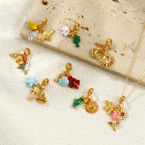 Picture of Eco-friendly PVD Vacuum Plating Waterproof Anti-Tarnish Hypoallergenic 304 Stainless Steel Dangle Charm Beads For Bracelet Necklace Jewelry Making 18K Real Gold Plated Enamel
