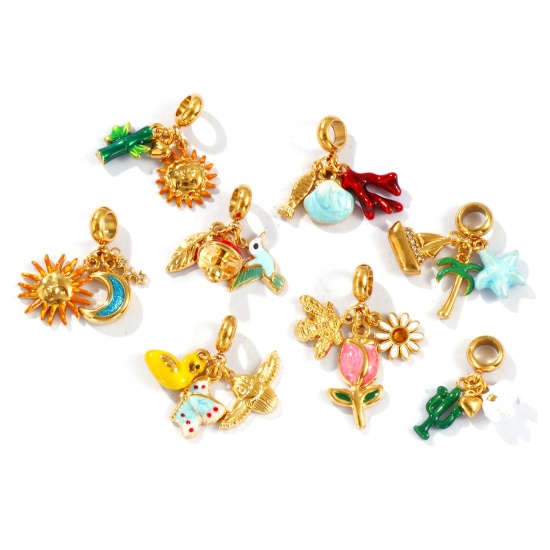 Picture of Eco-friendly PVD Vacuum Plating Waterproof Anti-Tarnish Hypoallergenic 304 Stainless Steel Dangle Charm Beads For Bracelet Necklace Jewelry Making 18K Real Gold Plated Enamel