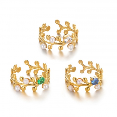 Immagine di Donne Regalo Foglia Imitata Perla Aperto Anello All'Ingrosso, Placcato Oro 18K 304 Acciaio Inossidabile & Strass, Ecologico Squisito Elegante Fornitura di Gioielli, 18mm (taglia di US: 7.75), 1 Pz