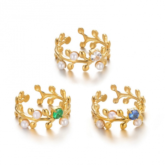 Picture of Wholesale Women's Gift Leaf Imitation Pearl Open Rings, 18K Gold Plated 304 Stainless Steel & Rhinestone, Eco-friendly Exquisite Stylish Jewelry Supply, 18mm(US Size 7.75)