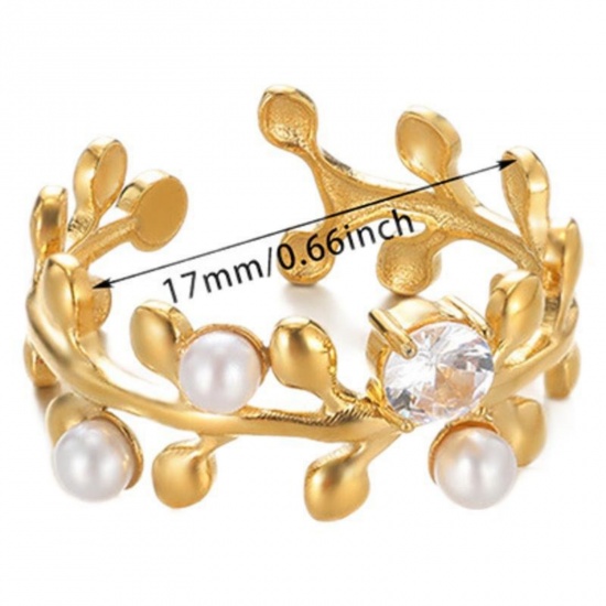 Picture of Wholesale Women's Gift Leaf Imitation Pearl Open Rings, 18K Gold Plated 304 Stainless Steel & Rhinestone, Eco-friendly Exquisite Stylish Jewelry Supply, 18mm(US Size 7.75)