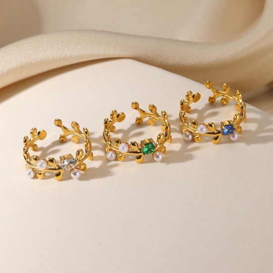 Picture of Wholesale Women's Gift Leaf Imitation Pearl Open Rings, 18K Gold Plated 304 Stainless Steel & Rhinestone, Eco-friendly Exquisite Stylish Jewelry Supply, 18mm(US Size 7.75)