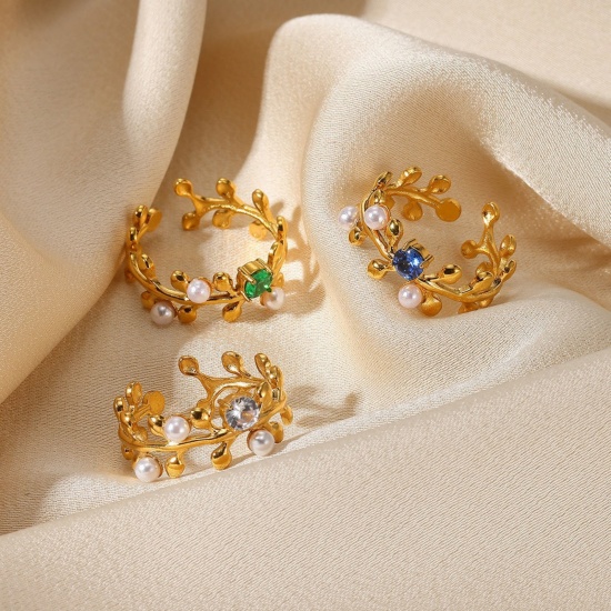 Picture of Wholesale Women's Gift Leaf Imitation Pearl Open Rings, 18K Gold Plated 304 Stainless Steel & Rhinestone, Eco-friendly Exquisite Stylish Jewelry Supply, 18mm(US Size 7.75)
