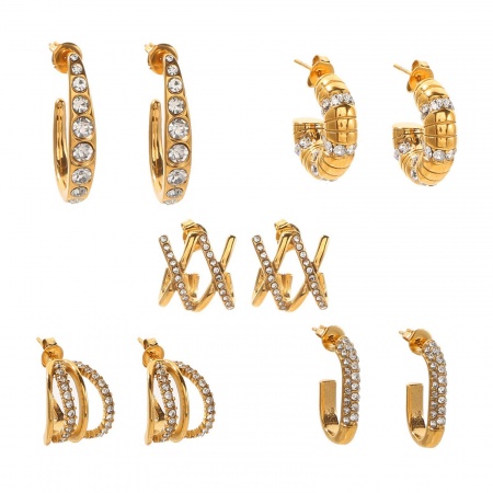 Picture of Wholesale Exquisite Stylish Ear Post Stud Earrings, 18K Gold Plated 304 Stainless Steel & Rhinestone, Women's Vacuum Plating Gift Jewelry Supply