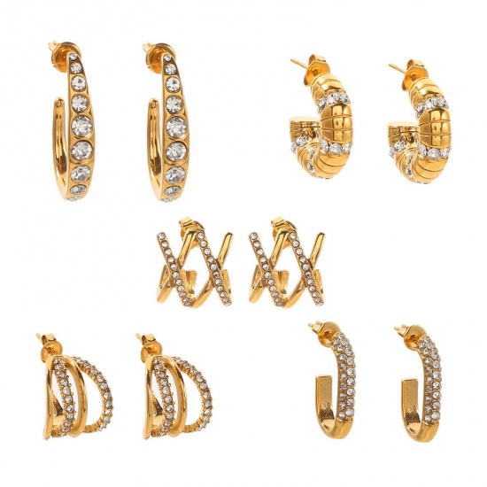 Picture of Wholesale Exquisite Stylish Ear Post Stud Earrings, 18K Gold Plated 304 Stainless Steel & Rhinestone, Women's Vacuum Plating Gift Jewelry Supply