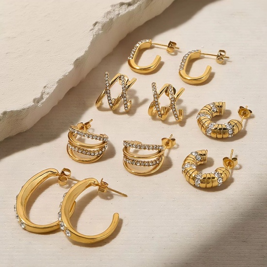 Picture of Wholesale Exquisite Stylish Ear Post Stud Earrings, 18K Gold Plated 304 Stainless Steel & Rhinestone, Women's Vacuum Plating Gift Jewelry Supply