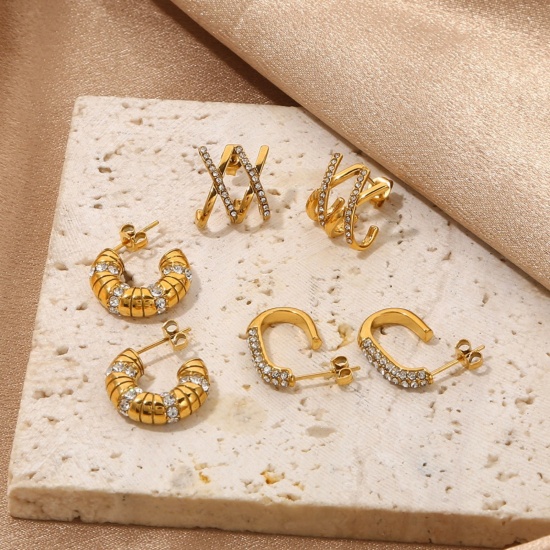 Picture of Wholesale Exquisite Stylish Ear Post Stud Earrings, 18K Gold Plated 304 Stainless Steel & Rhinestone, Women's Vacuum Plating Gift Jewelry Supply