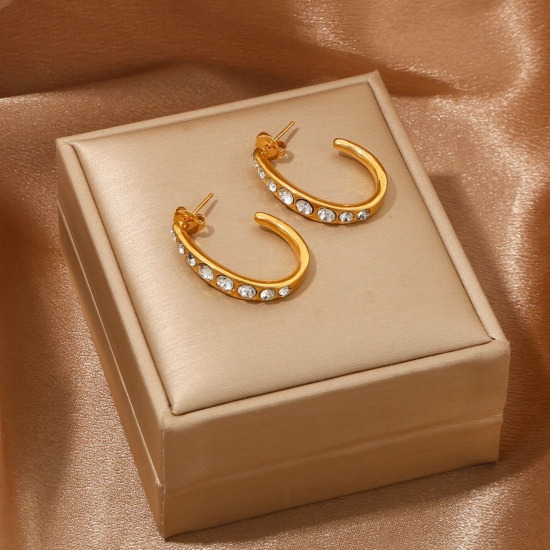 Picture of Wholesale Exquisite Stylish Ear Post Stud Earrings, 18K Gold Plated 304 Stainless Steel & Rhinestone, Women's Vacuum Plating Gift Jewelry Supply