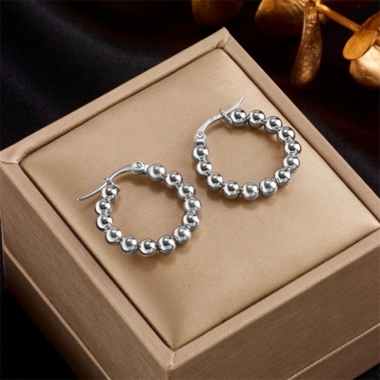 Imagen de Exquisito Elegante Pendientes de Aro Al Por Mayor, Con Cuentas Multicolor 201 Acero Inoxidable, Mujeres Respetuoso del Medio Ambiente Regalo Suministro de Joyería, 24mm Dia., 1 Par
