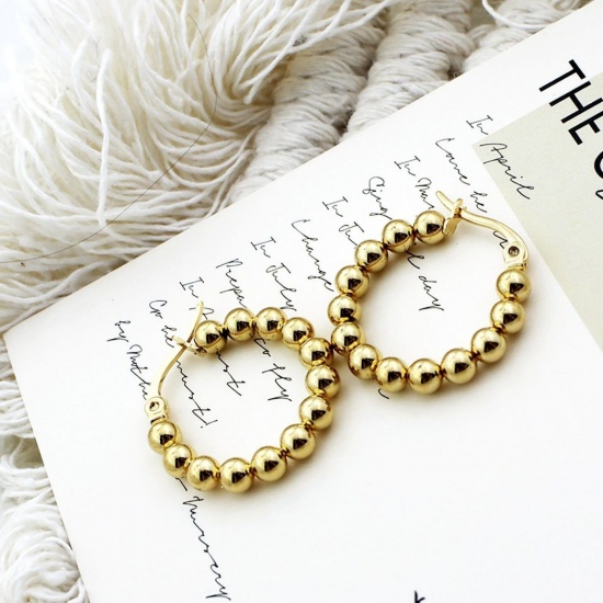 Imagen de Exquisito Elegante Pendientes de Aro Al Por Mayor, Con Cuentas Multicolor 201 Acero Inoxidable, Mujeres Respetuoso del Medio Ambiente Regalo Suministro de Joyería, 24mm Dia., 1 Par